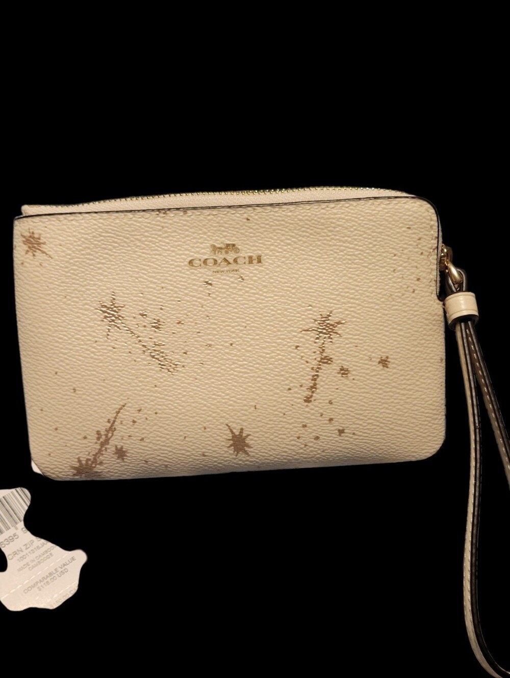 COACH Cream Leather Star-Splatter Wristlet with Gold Accents